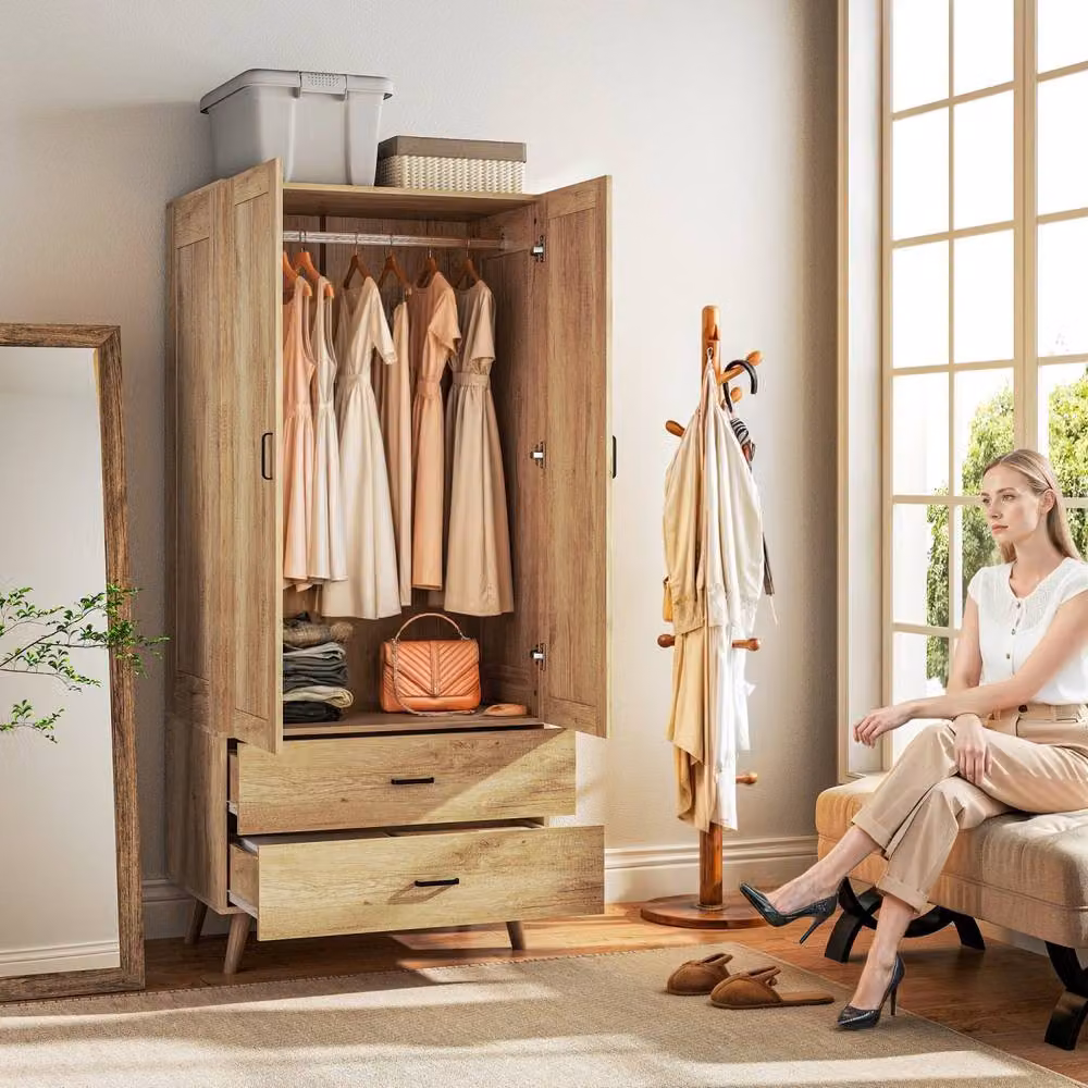 Wyld Haus Corasoro Natural 2 Door Wardrobe with 2 Drawers and Hanging Rail, Brown, H 180 cm x W 80 cm x D 54 cm – 3