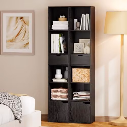 HOMCOM 6-Tier Slim Black Bookcase with Drawer, W/D/H: 30 x 24 x 158 cm – 8