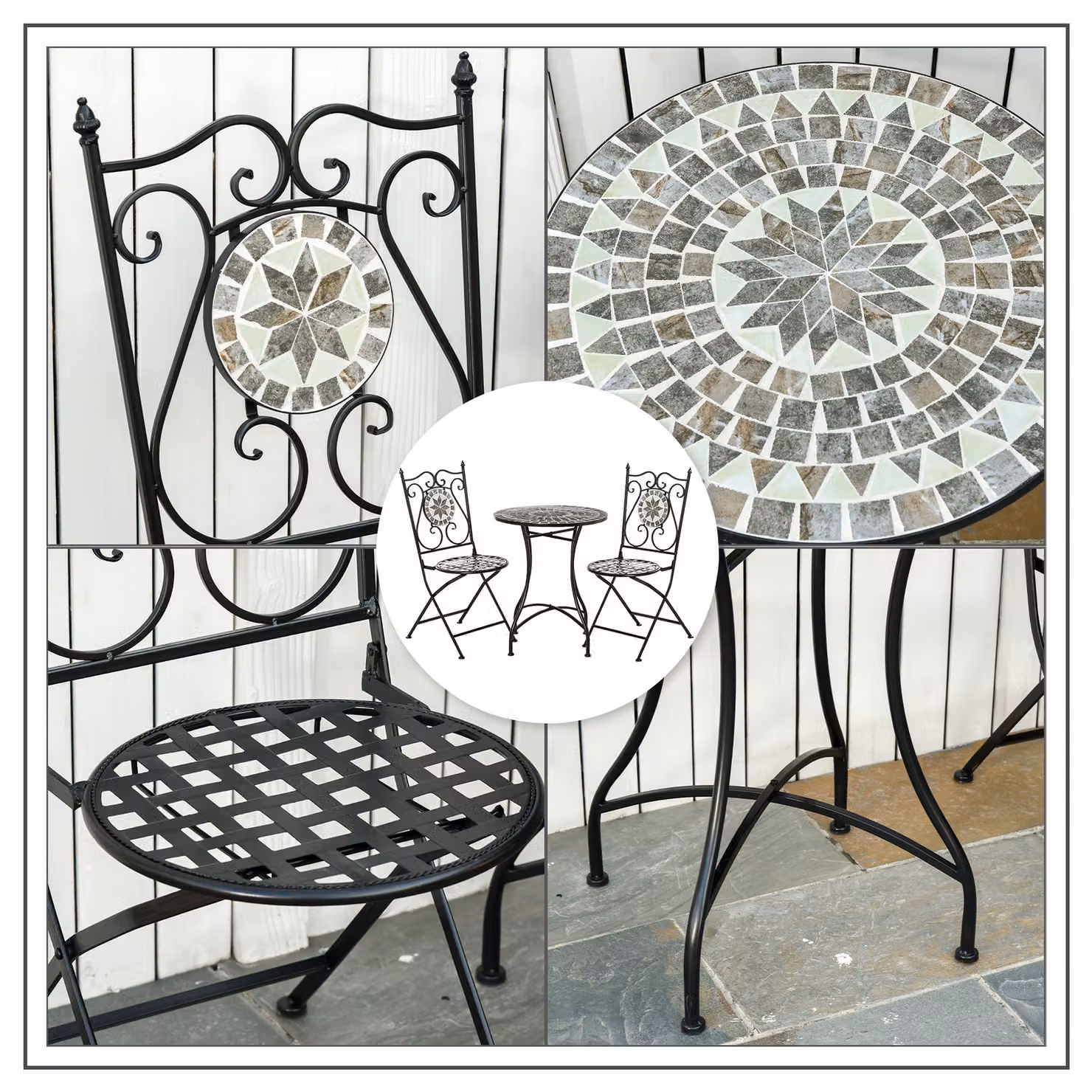 Outsunny 3 Piece Mosaic Tile Garden Bistro Set with Round Ceramic Table and 2 Folding Metal Chairs in Black – 5
