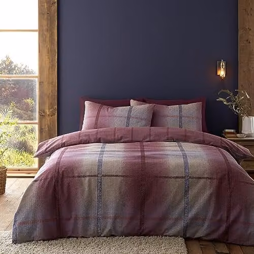 Catherine Lansfield Melrose Tweed Check Reversible Single Duvet Cover and Pillowcase Set, Purple Flannelette Brushed Cotton, W/D/H: 135 x 200 cm and 50 x 75 cm – 1