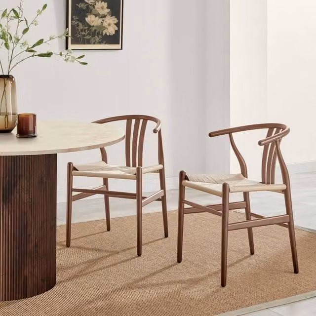 FurnitureboxUK Set of 2 Caia Wishbone Dining Chairs in Walnut Effect Wood and Rope with Armrests