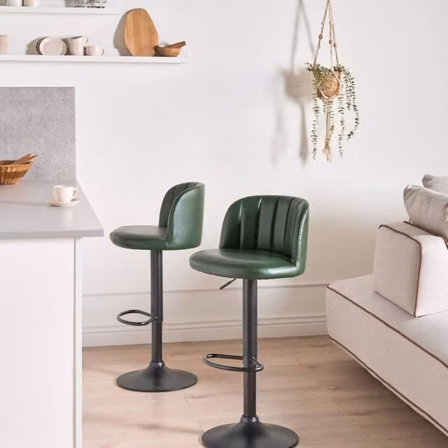 Wyld and Coco Set of 2 Dark Green Faux Leather Swivel Bar Stools with Gas Lift Height Adjustment