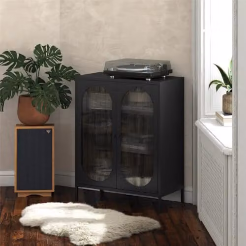 Dorel Home Luna Metal Cabinet with 2 Fluted Glass Doors, Black, W/D/H: 80 x 40 x 102 cm – 1