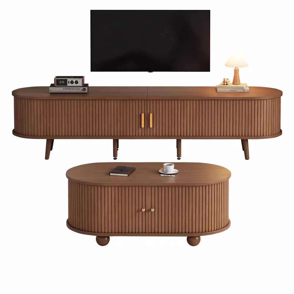STILVORA Minimalist TV Stand and Coffee Table Set with Drawers in Brown Walnut Wood Finish, W/D/H: 175 x 40 x 42 cm – 2
