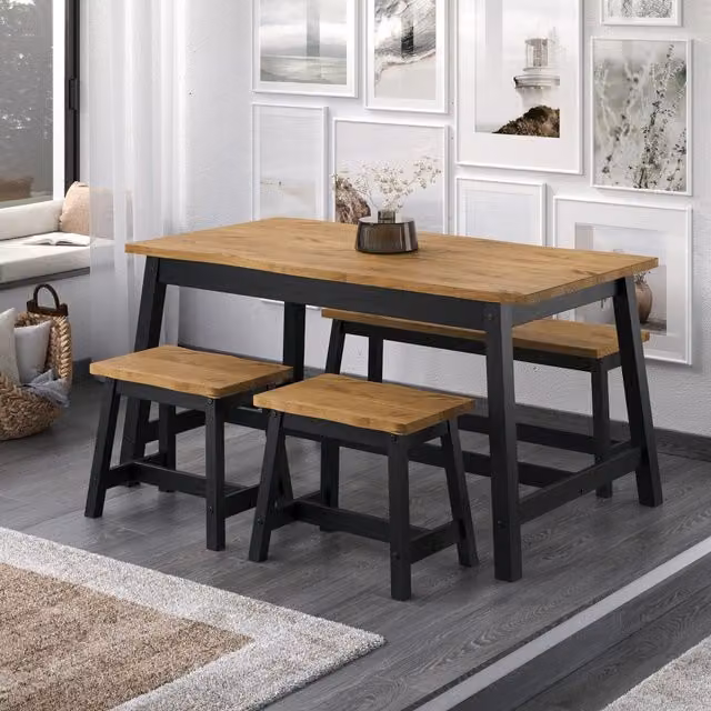 Corona Live Edge Rectangular Wood Dining Table and Triple Bench Set in Black