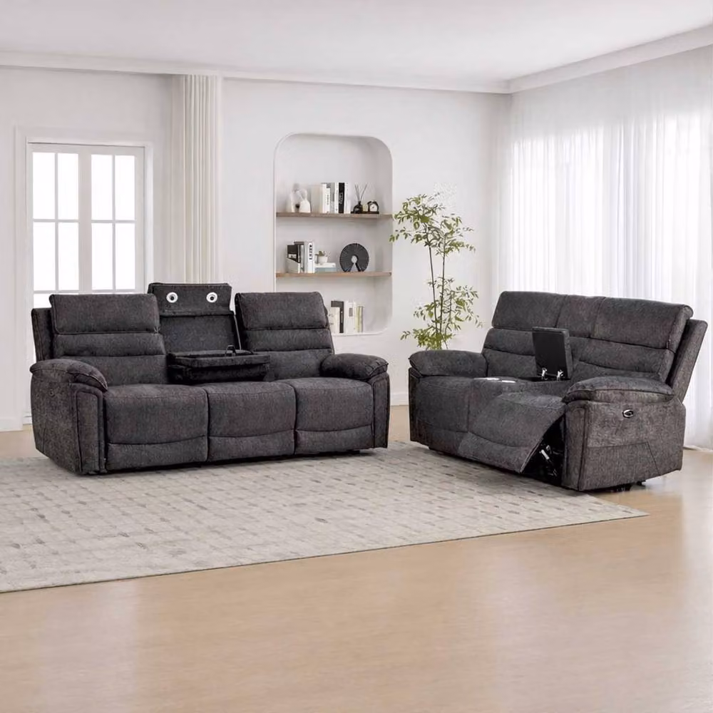Furnishings For Less UK Sicily 2 Seater Electric Power Recliner Sofa in Dark Grey Chenille Fabric with USB Charging and Cup Holders W/D/H: 184 x 103 x 95 cm – 2