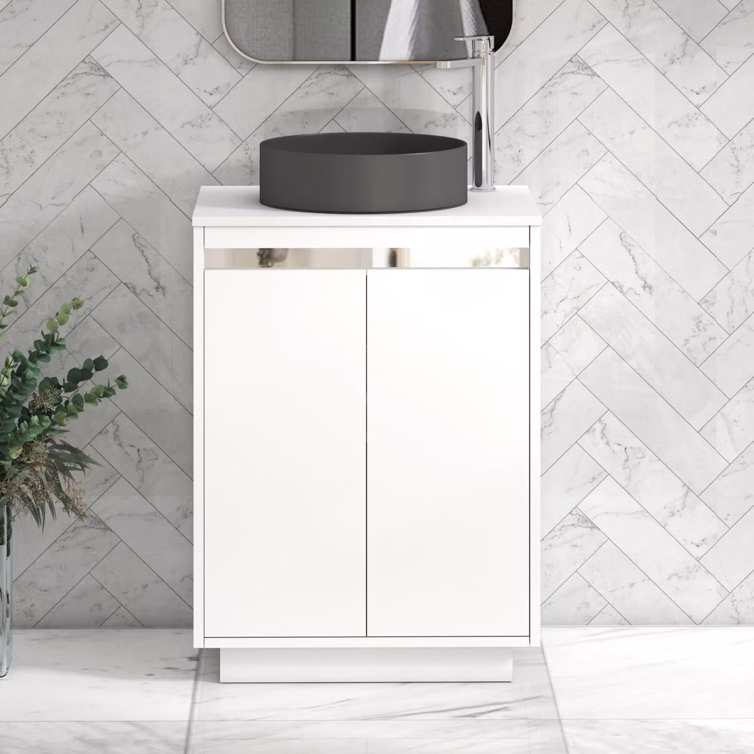 Royal Bathrooms Orion 600mm Matt White Floor Standing 2 Door Vanity Unit with Art Round Basin and Chrome Accent Trim