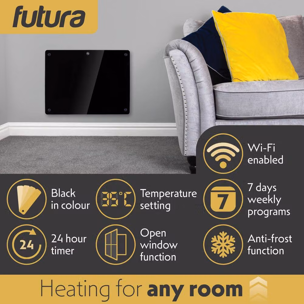 Futura 1000W WiFi Glass Electric Panel Heater, Black, Wall Mounted or Freestanding – 3