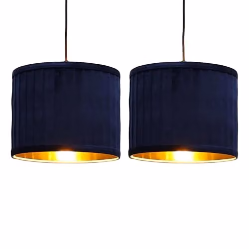 First Choice Lighting Sundance Set of 2 Navy Blue Pleated Round Lamp Shades with Gold Inner, Diameter: 25 cm – 7