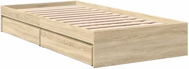 Berkfield Home Modern Bed Frame with Drawers in Sonoma Oak and Beige, W/D/H: 90 x 200 x 28 cm