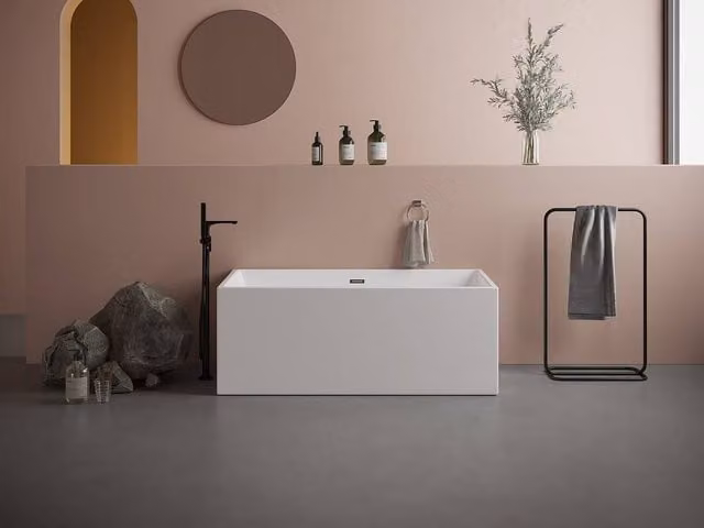 Vente-unique White Rectangular Semi-Freestanding Acrylic Bathtub, W/D/H: 150 x 75 x 58 cm