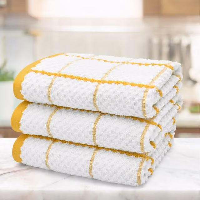 Kitchen Trends Set of 3 Highly Absorbent Checked Cotton Tea Towels in Yellow and White