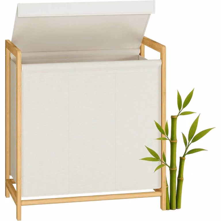 The Bazaarist 3 Compartment Bamboo Laundry Hamper with Lid and Removable Bags in White and Beige