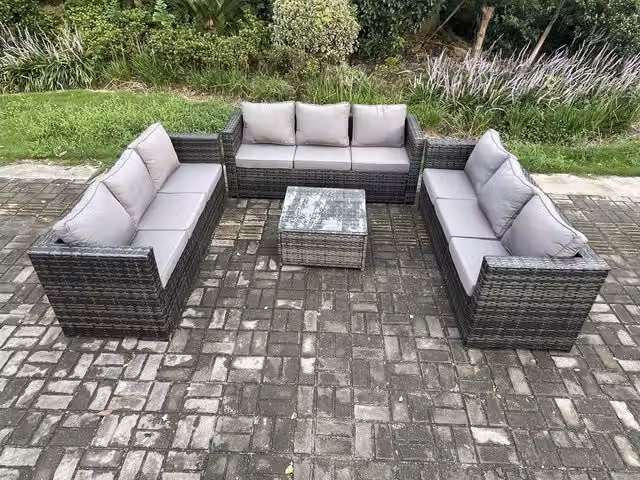 Fimous 9 Seater Rattan Garden Furniture Set with Upholstered Cushions and Coffee Table in Dark Grey