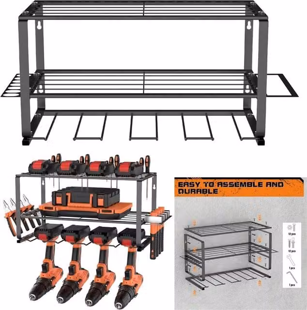 Nordara 3-Layer Metal Power Tool Organizer and Wall Mounted Storage Rack with 4 Drill Holders, Black – 1