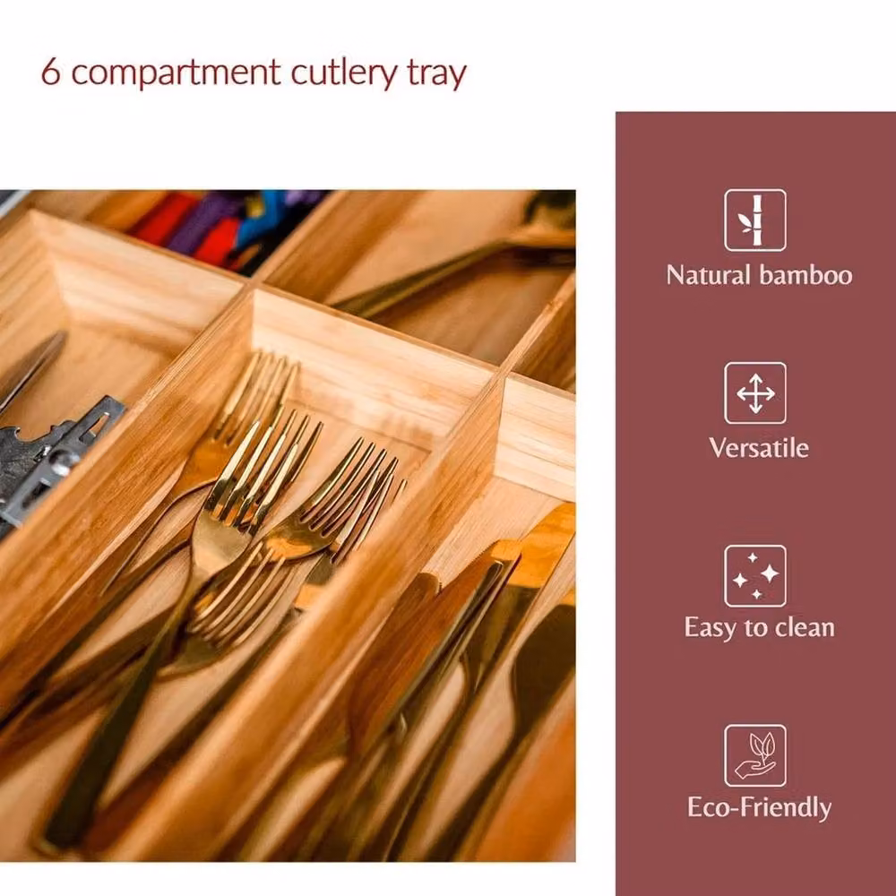 VOGREX 6 Compartment Bamboo Kitchen Cutlery Drawer Organiser, Beige – 3