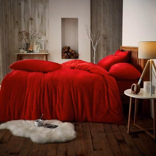 Smart Living Luxury Teddy Fleece Duvet Cover and Pillowcase Set in Red, King Size (W: 200 cm, H: 230 cm)