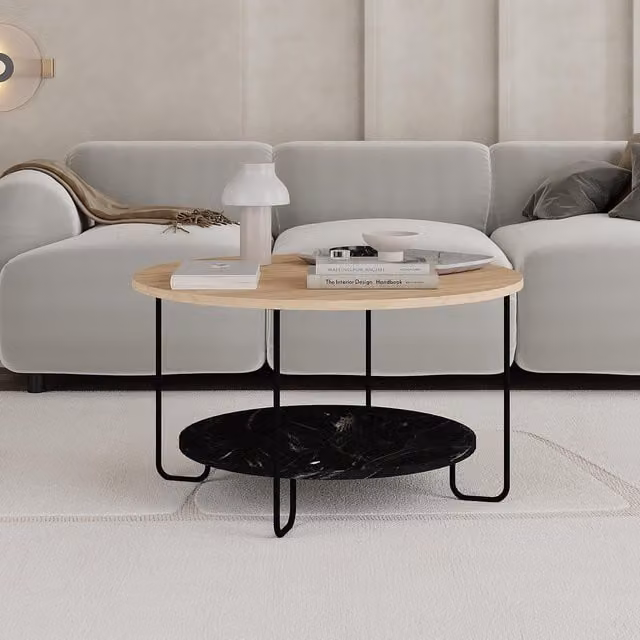 FWStyle 2 Tier Round Modern Coffee Table in Marble and Oak