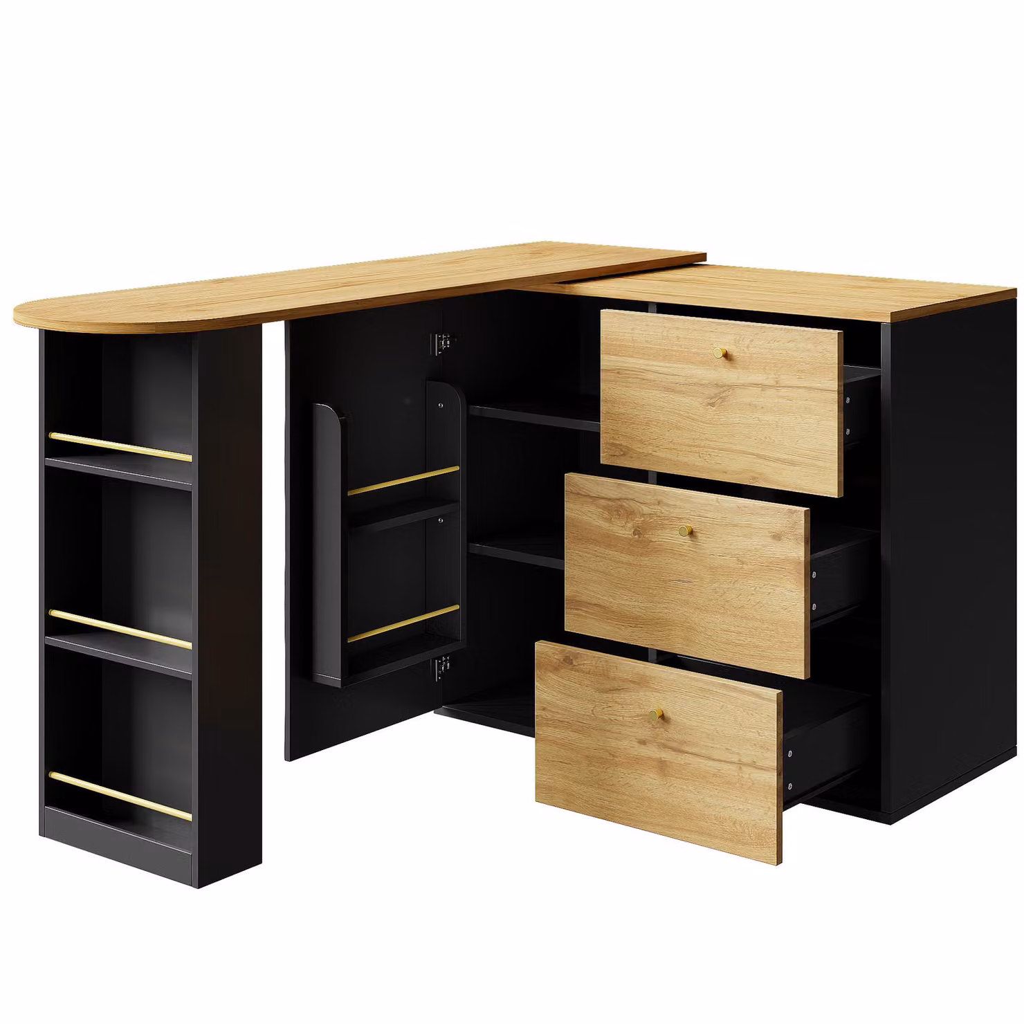 Aosom UK Extendable Bar Table with Pull-Out System, Snack Compartment, Drawers and Shelves, Black and Natural, W: 39 cm, D: 138 cm, H: 104 cm – 8