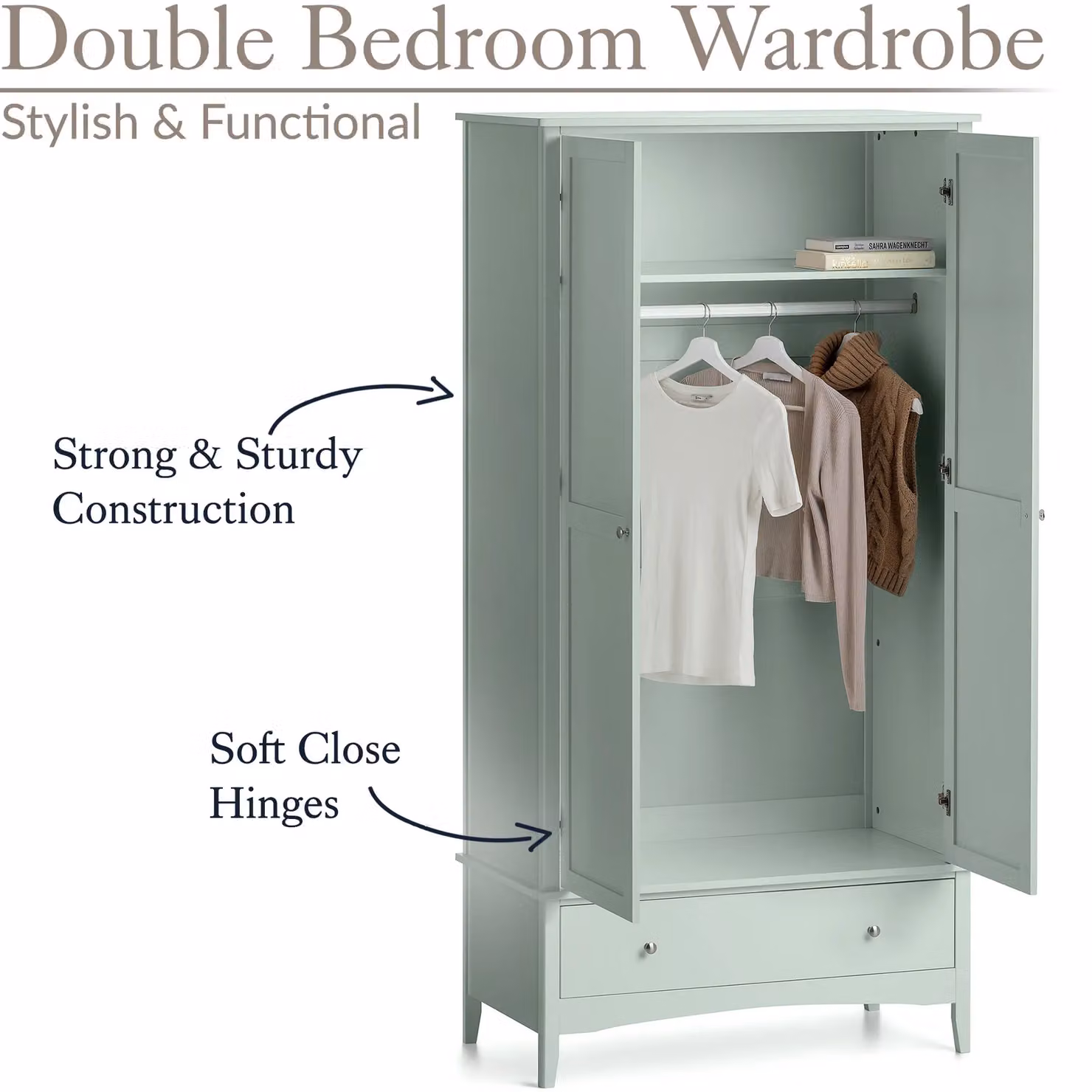 Christow Double Wardrobe with Drawer, 2-Door Green Bedroom Storage Cupboard, H 185 x W 94.5 x D 50 cm – 2