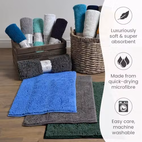 Allure Bath Fashions Chenille Microfibre Non-Slip Bath Mat, Beige/White, W: 60 cm, D: 90 cm, H: 2 cm – 3
