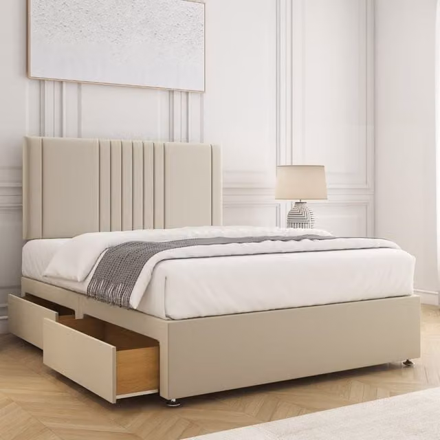 BSSPOKE Monaco Velvet Divan Bed Set with 24 inch Headboard, 2 Drawers, Footend and Mattress in Beige, Size: Double (W/D/H: 140 x 200 cm)