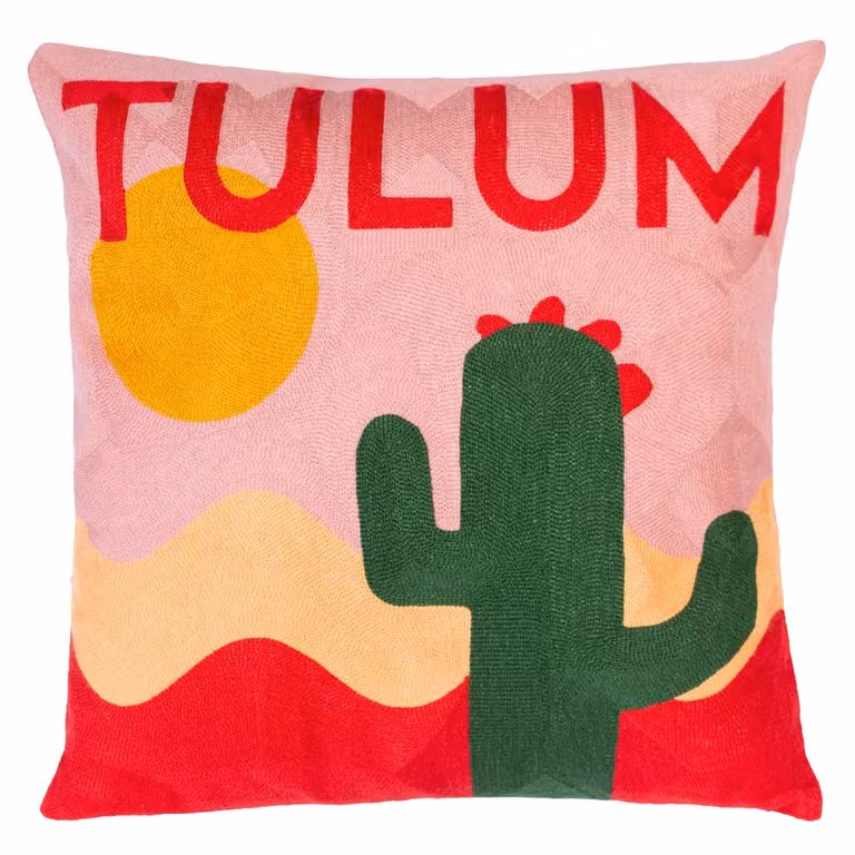 The Pillow Drop Tulum Needlepoint Square Cushion in Pink, Red and Yellow