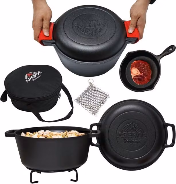AREBOS 2-in-1 Cast Iron Dutch Oven Set with Frying Pan and Stockpot, Black