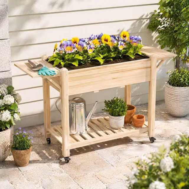 STILVORA Natural Wooden Raised Planter with Shelves and Wheels, Height: 145 cm