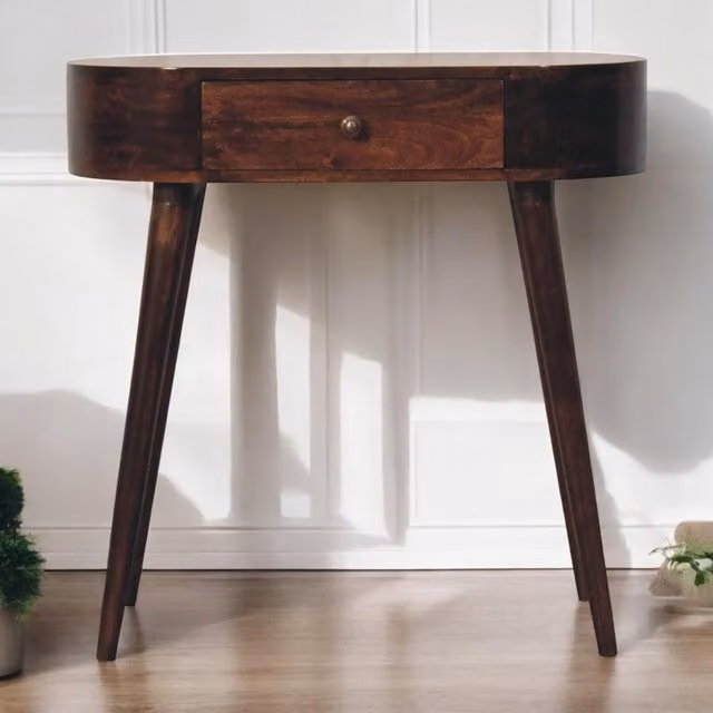 Aosom UK Mid-Century Solid Mango Wood Console Table with Drawer and Rounded Edges, Brown, W: 80 cm, D: 40 cm, H: 78 cm – 1
