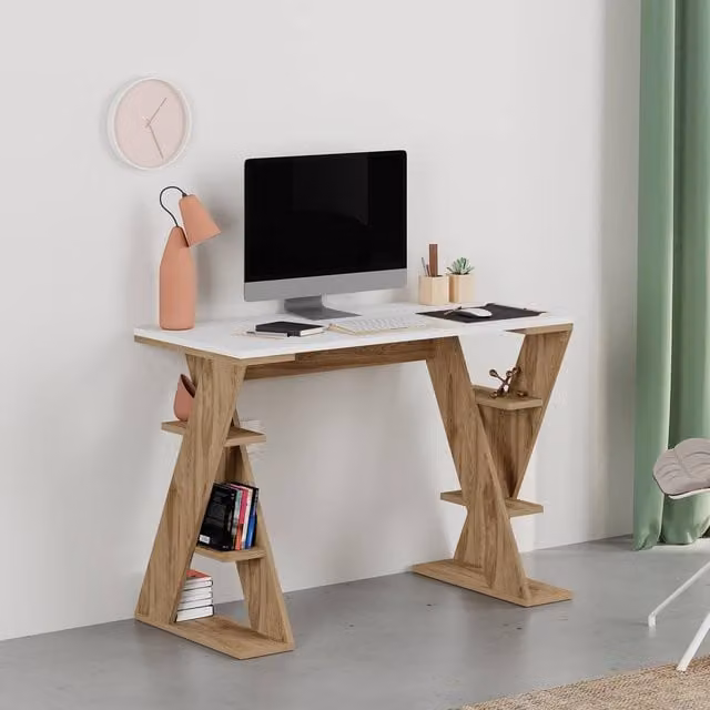 Decortie Papillon Modern Writing Desk with Integrated Mini Storage Shelves in Brown