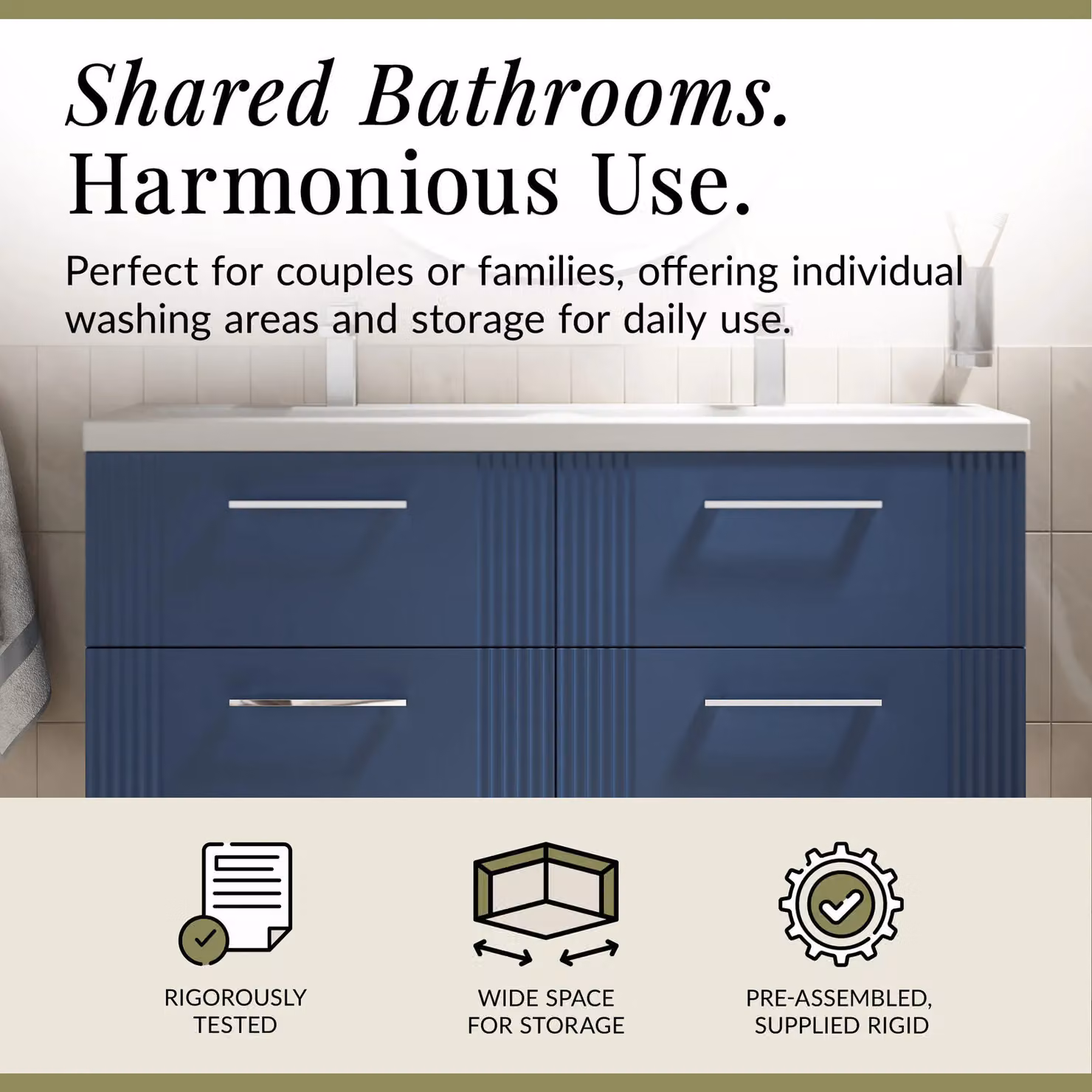 Balterley Wall Hung 4 Drawer Vanity Unit with 2 Ceramic Basins, Satin Blue, W: 120 cm – 2