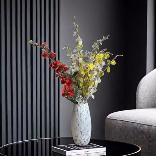 Simpa Modern Round Molten Glass Tabletop Flower Vase in White and Blue, H: 25 cm – 3