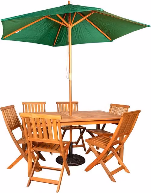 Samuel Alexander 6 Person Rustic Rectangular Treated Hardwood Patio Dining Set with Brown Table and Green Parasol