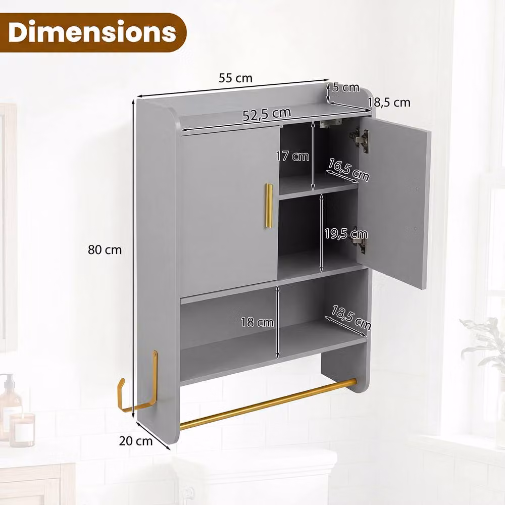 Costway Modern Wall Mounted Grey Bathroom Medicine Cabinet with Mirror and Internal Shelves – 2