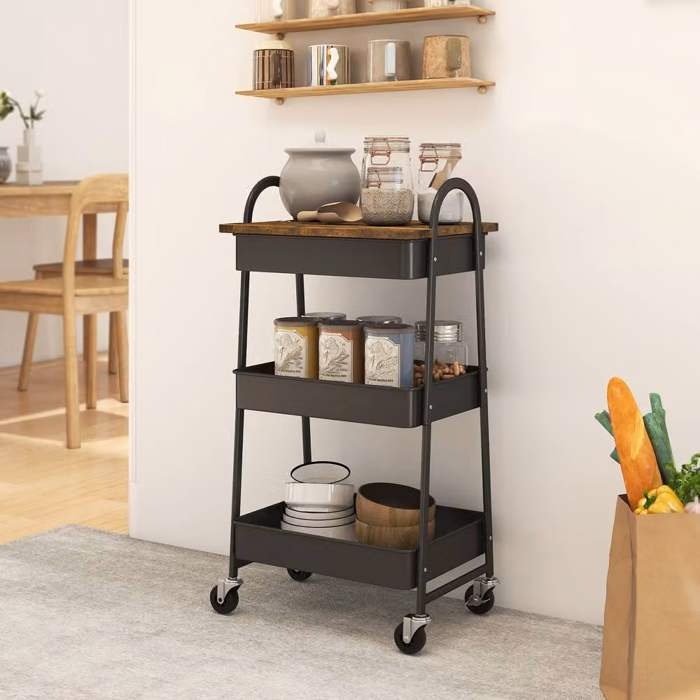 STILVORA 3-Tier Metal Storage Trolley with Wheels and Covered Top in Matt Black – 2
