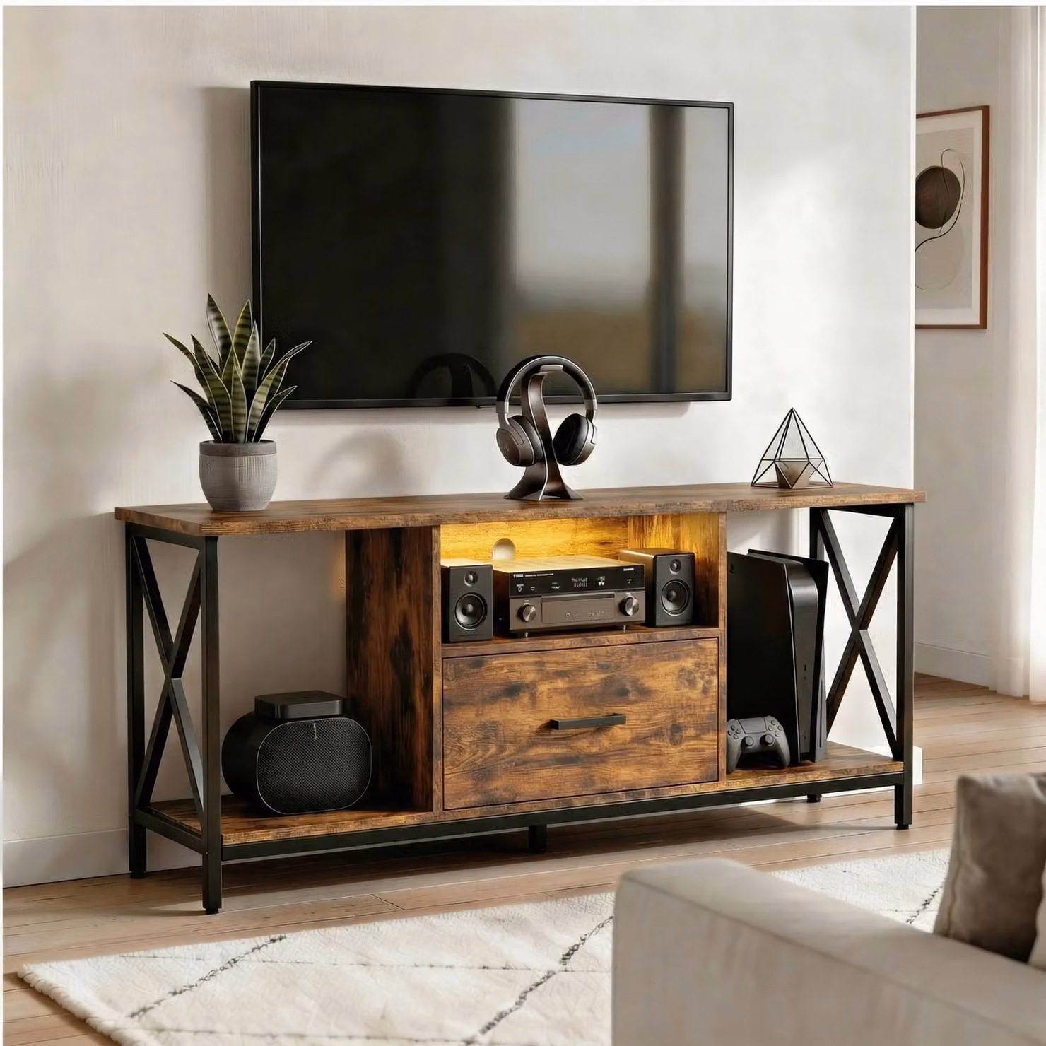 Calvera Industrial Rustic LED TV Stand with Storage in Black and Brown, W: 112 cm, H: 52 cm, D: 41 cm