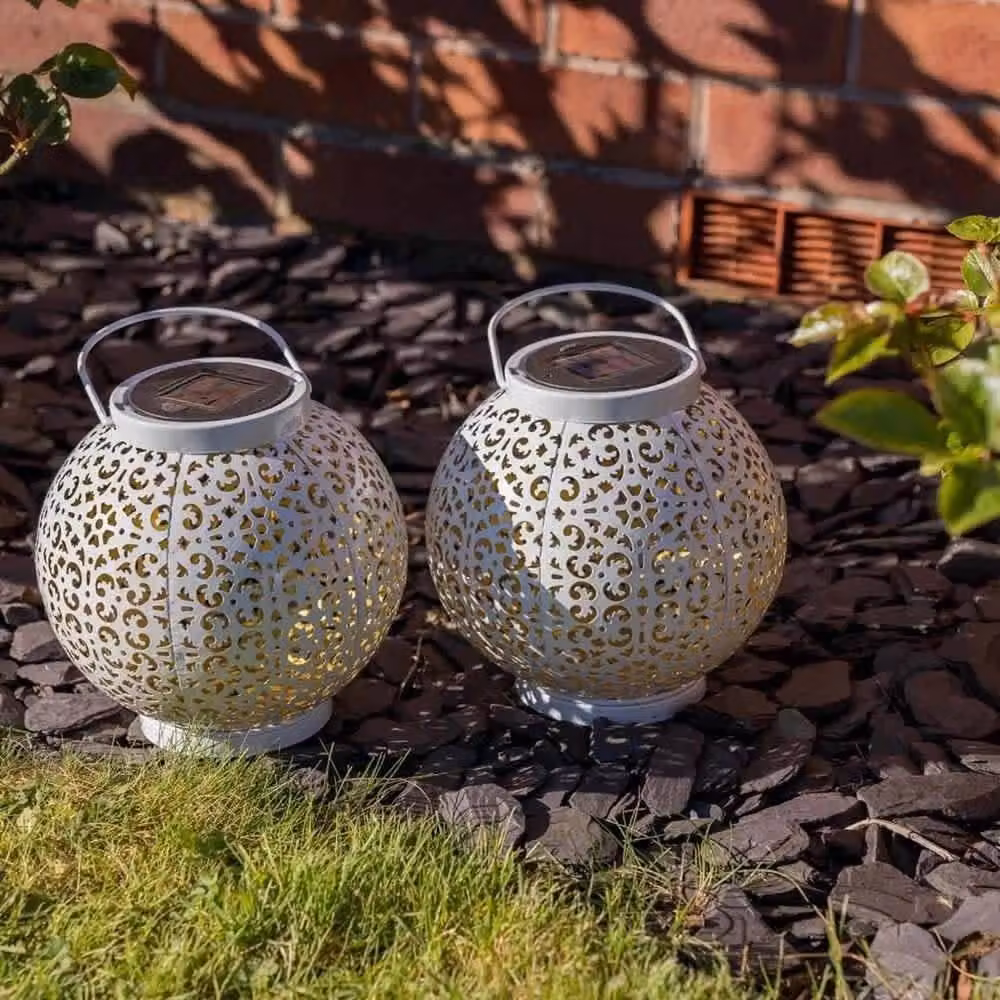 FLAVORA 2 Pack White Sphere Solar Garden Lanterns in Metal – 4