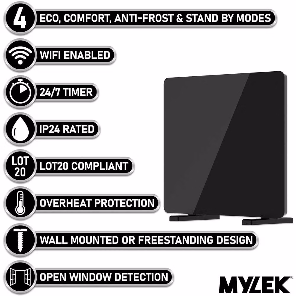 MYLEK 900W Slimline Glass Panel Radiator in Black with Wifi App Control and Thermostat – 3