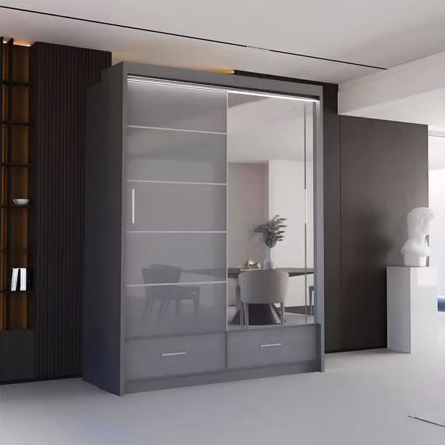 Sliding Wardrobes 4U Luxury High Gloss Sliding Wardrobe with LED Lighting, Grey, W: 150 cm, H: 220 cm – 1