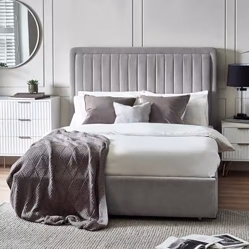 Julian Bowen Savannah Grey Velvet Upholstered King Bed Frame with Drawer W/D/H: 136.5 x 180 x 165 cm – 1