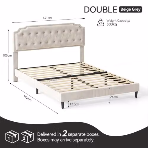 MCC Direct Chelsey Velvet Upholstered Double Bed Frame with Tufted Headboard in Beige W/D/H: 140 x 200 x 115 cm – 2