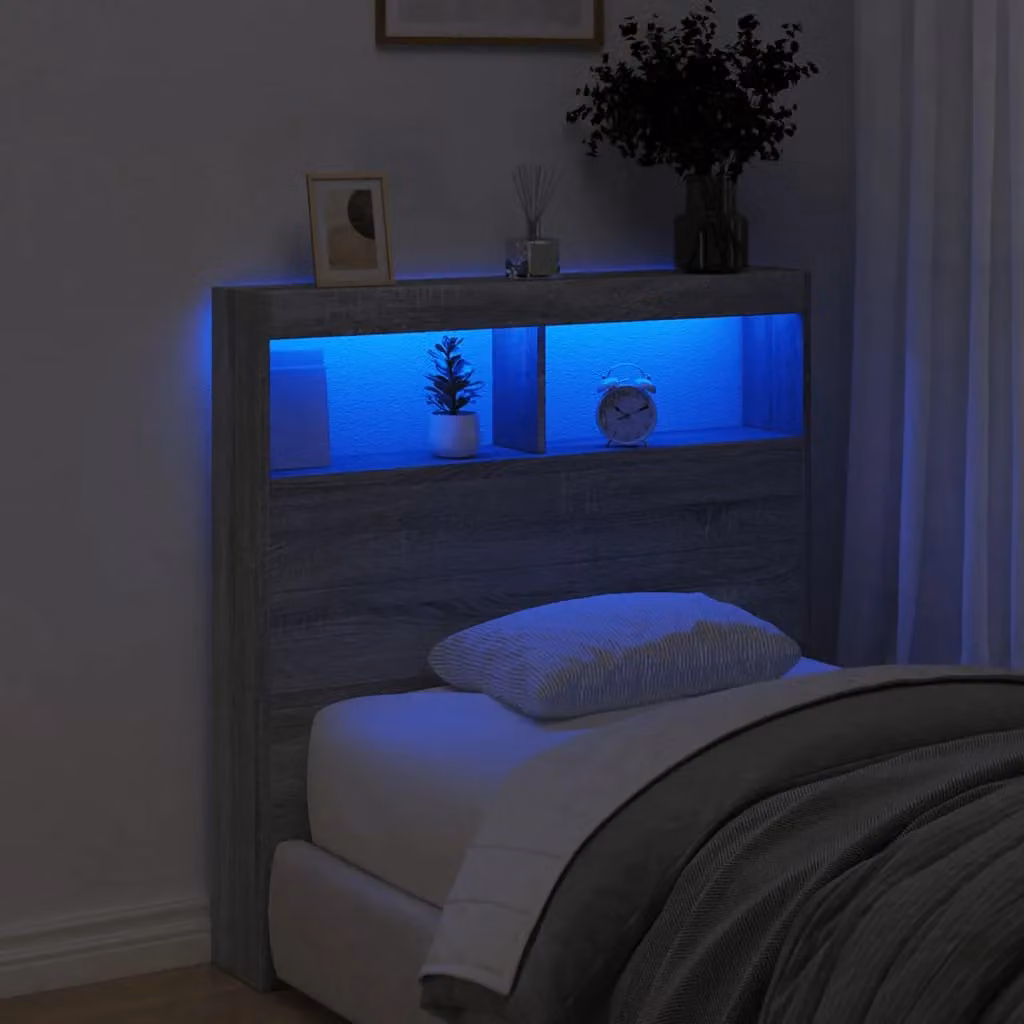 Berkfield Home Modern Wall Mount Headboard Cabinet with LED Lighting and USB Charging Port, Grey Sonoma, W: 100 cm, D: 17 cm, H: 102 cm – 3
