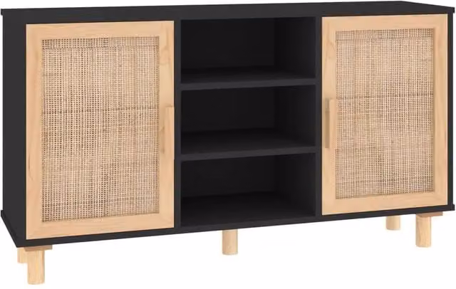 Berkfield Home Black Sideboard in Solid Pine and Natural Rattan, W/D/H: 105 x 30 x 60 cm