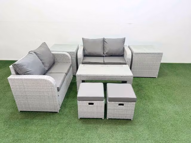 Fimous 6 Seater Rattan Garden Furniture Set with Oblong Coffee Table, 2 Small Stools and 2 Side Tables in Light Grey