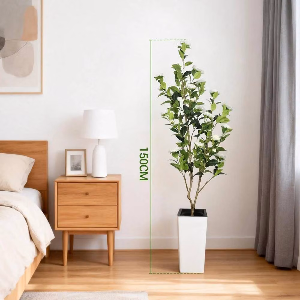 VOGREX 152.4 cm Artificial White Camellia Tree in Pot, Green – 2