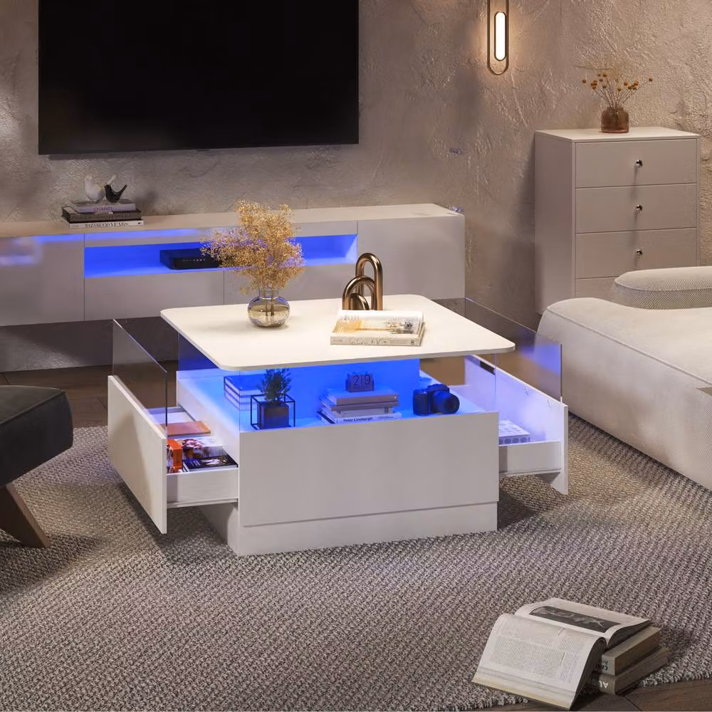 KEEPREAPER Modern Square Coffee Table with 2 Drawers and LED Light in White – 3