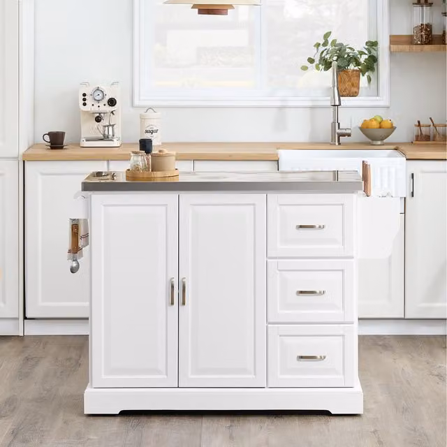 SoBuy Classic Foldable Kitchen Island with Wheels in White