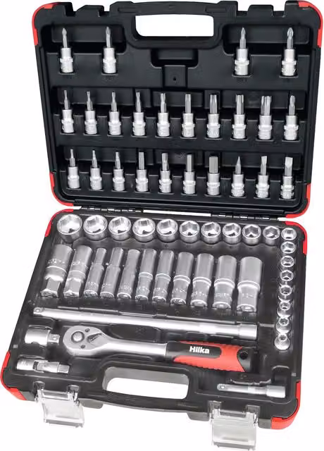 Hilka 58 Piece 3/8 Inch Drive Metric Socket Set in Red and Black, Chrome Vanadium Steel