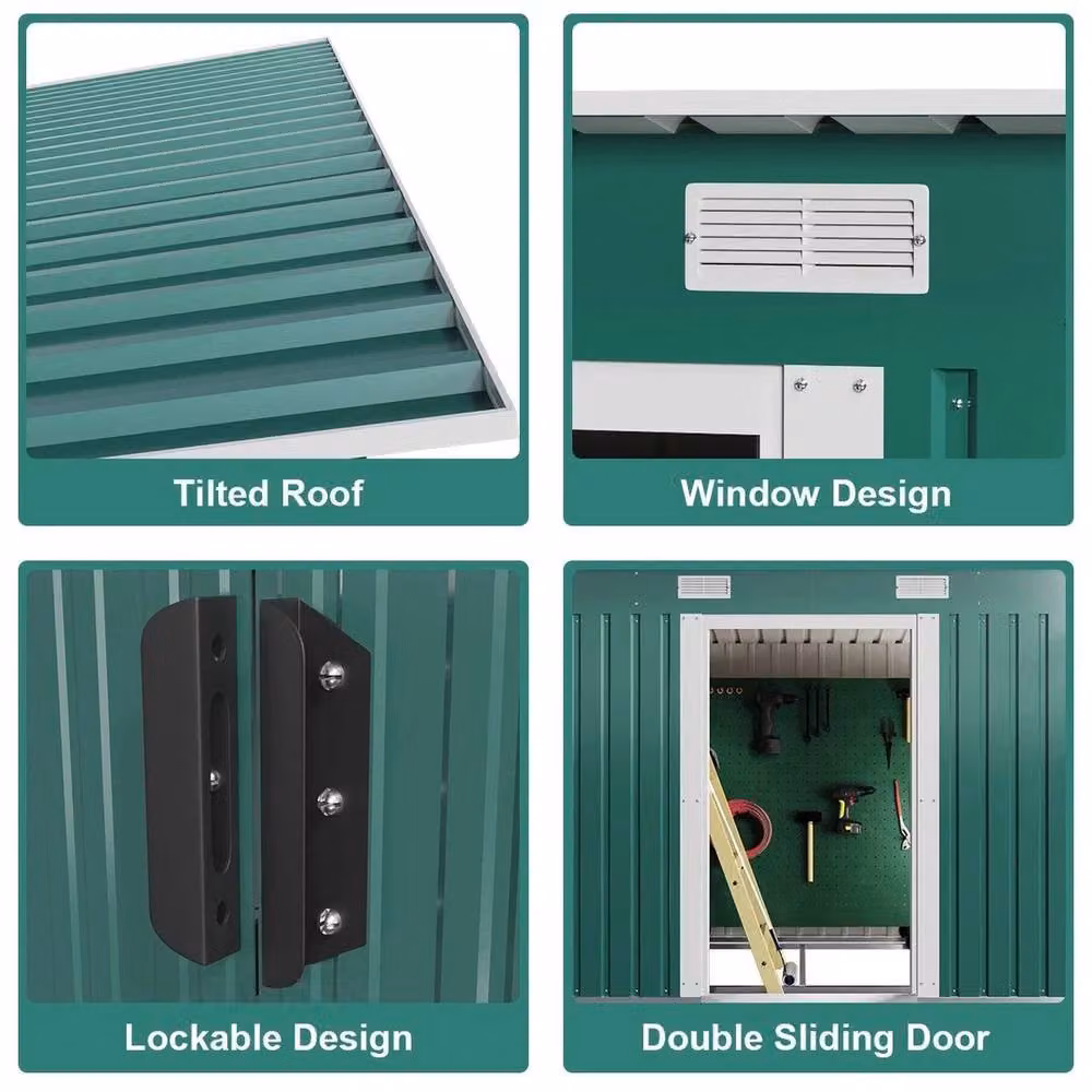 FLAVORA Green Metal Garden Shed with Double Doors and Gable Roof, W/D/H: 243.84 x 121.92 x 182.0 cm – 4